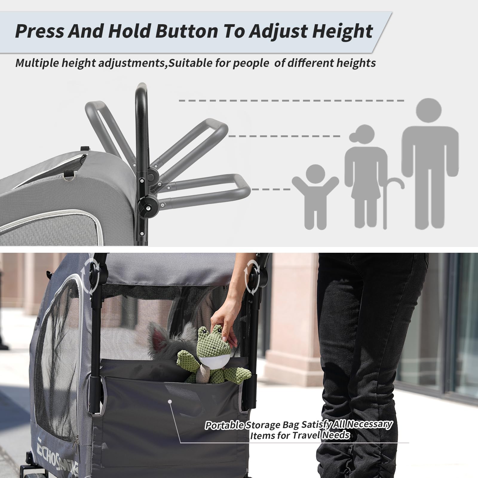 EchoSmile all-terrain front wheels with rear brakes offer control.