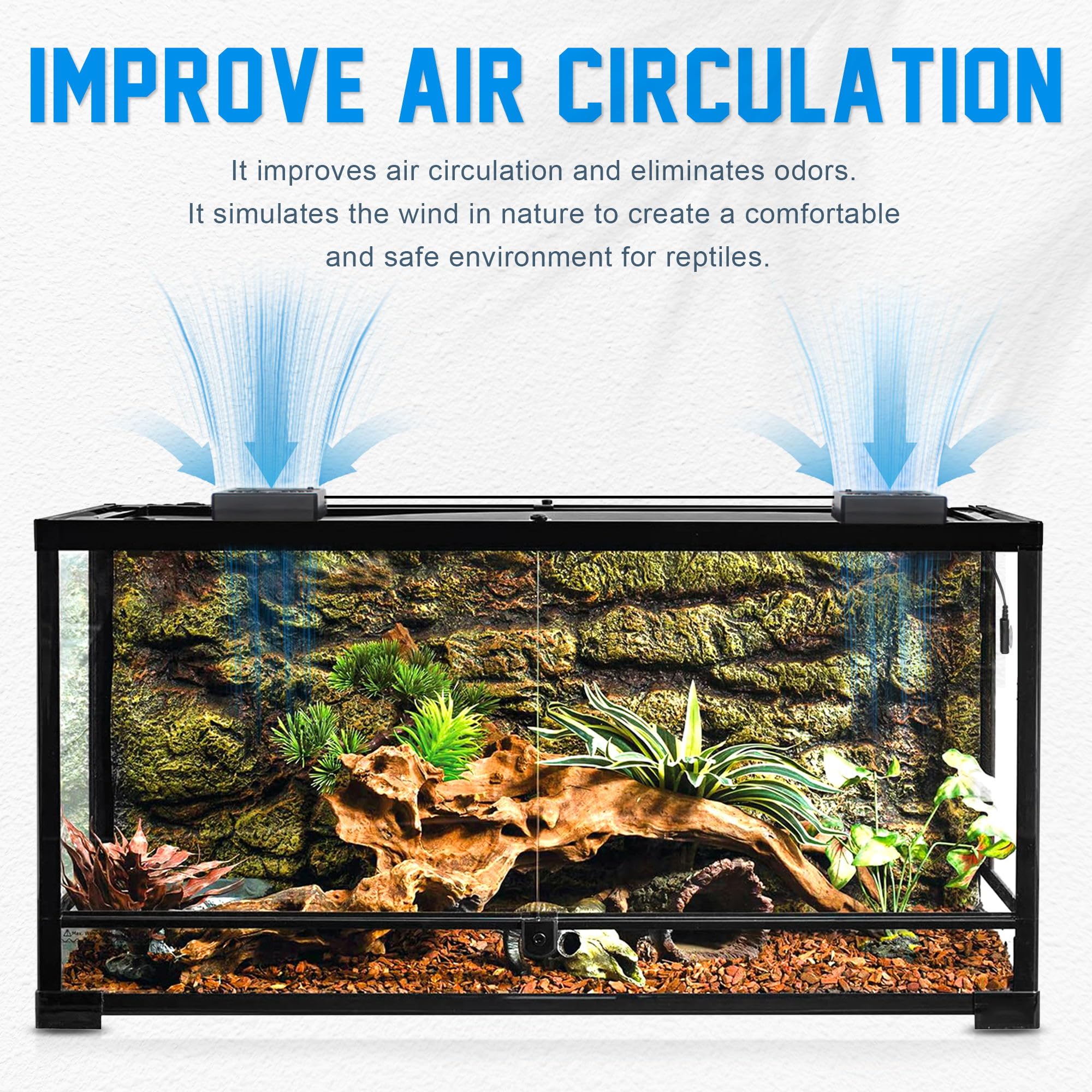 Eckpo noiseless motor keeps the enclosure peaceful for reptiles.
