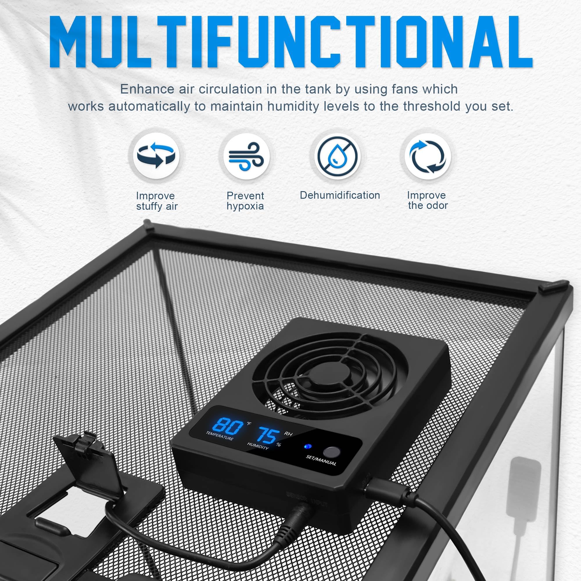 Eckpo reptile ventilation fan with high temp alarm for enclosure monitoring.
