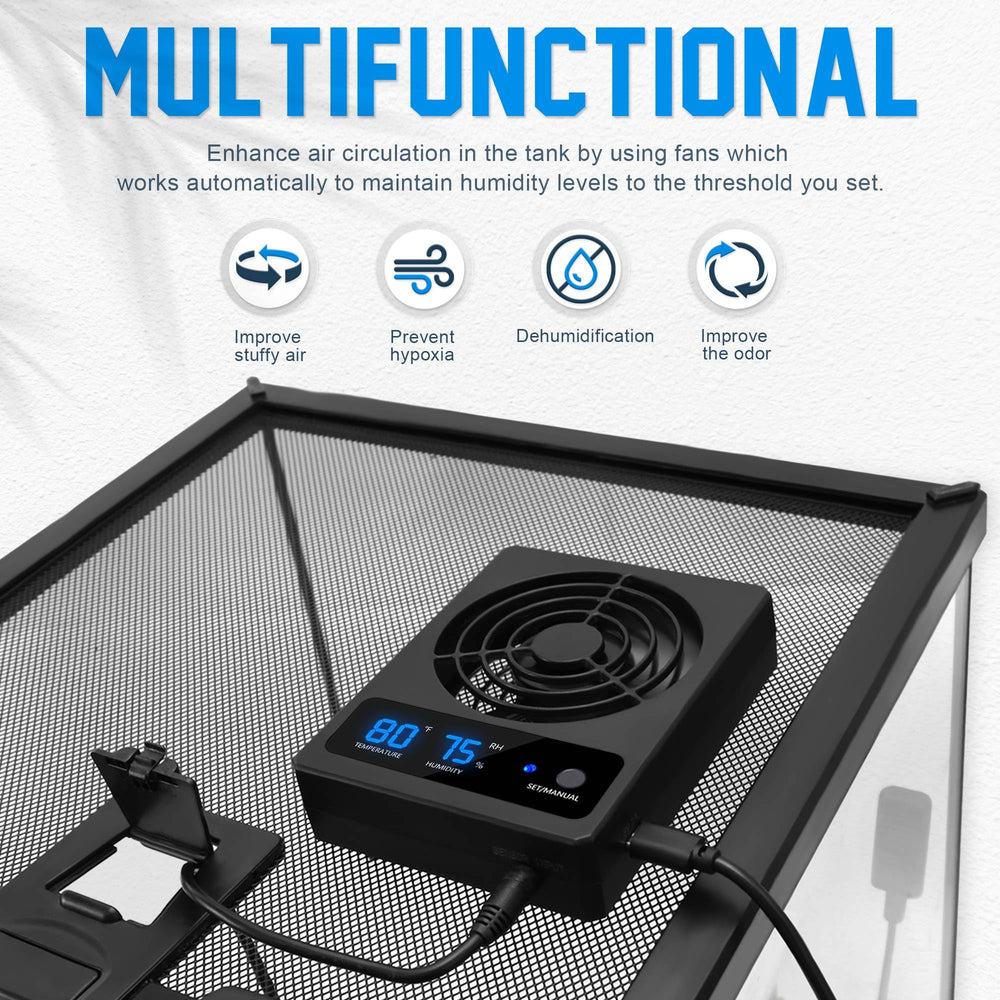 Eckpo reptile ventilation fan with high temp alarm for enclosure monitoring.