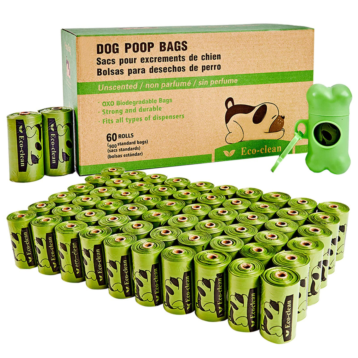 ECO-CLEAN dog poop bags dispenser shown for easy waste disposal on walks