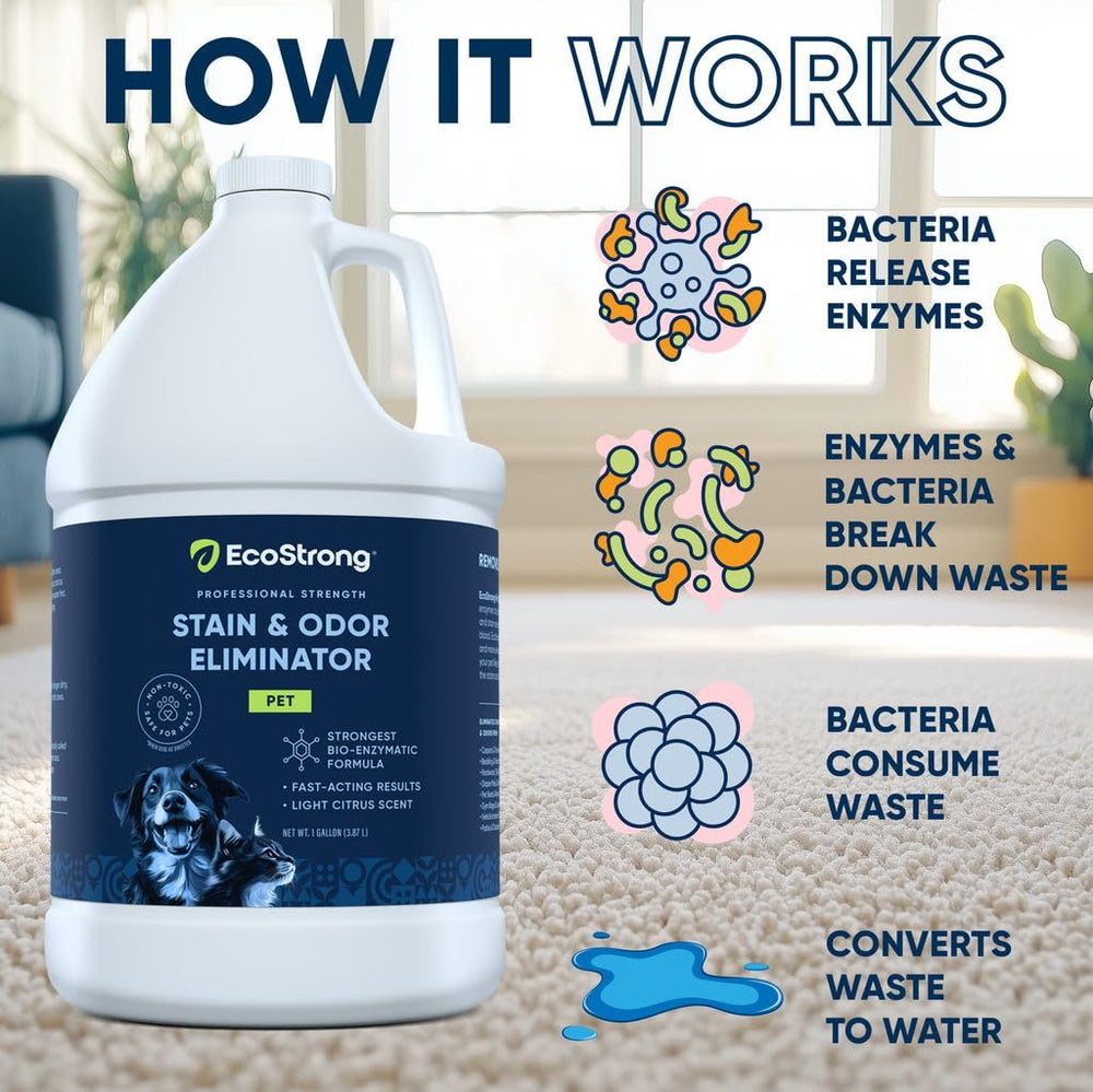 Eco Strong Dog Urine Stain Removal cleans spots on carpets with proven enzyme action.