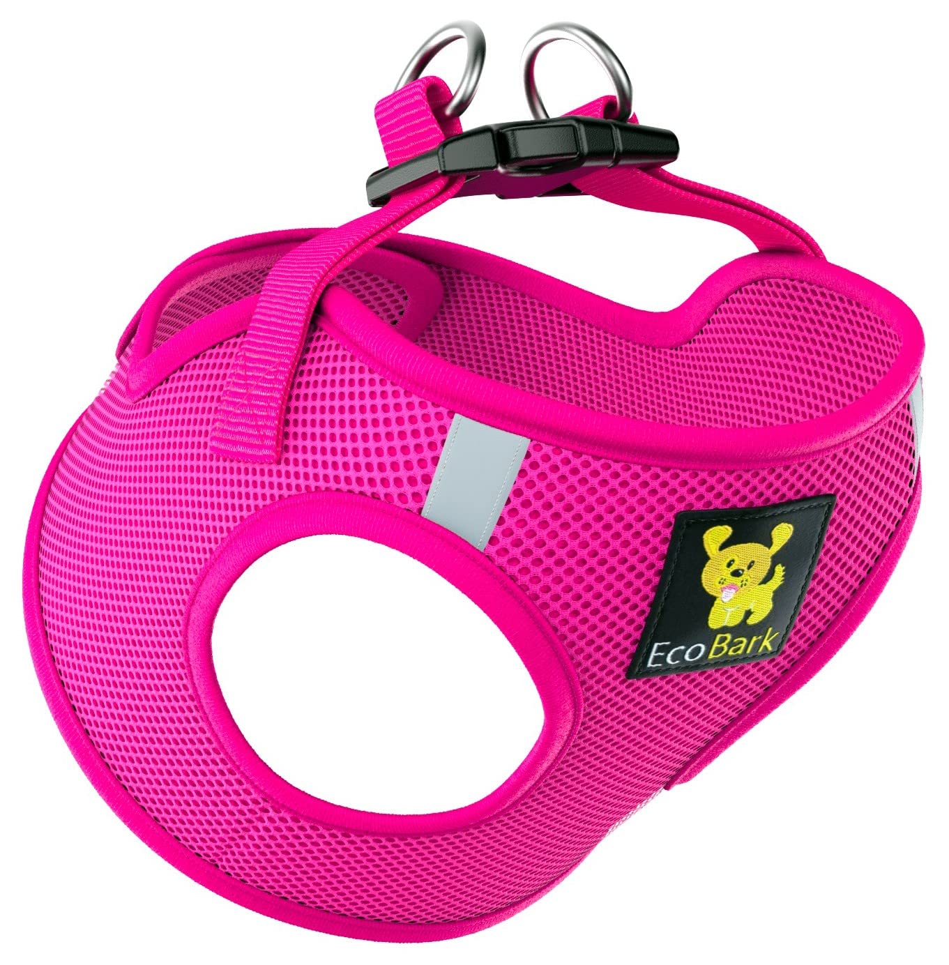 EcoBark easy-on-off pink harness showing versatile fit for breeds
