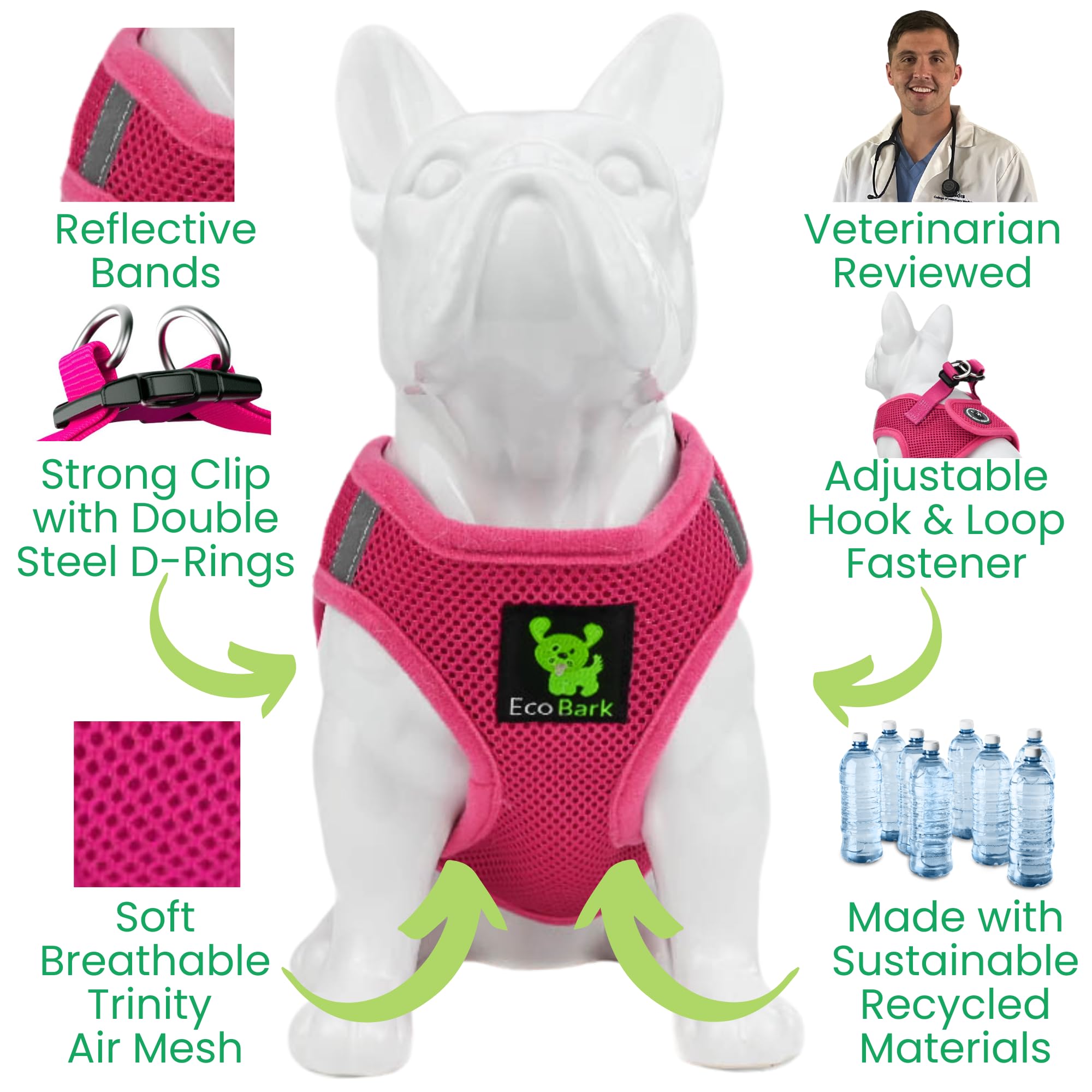 EcoBark escape-proof pink harness close view demonstrating snug sizing