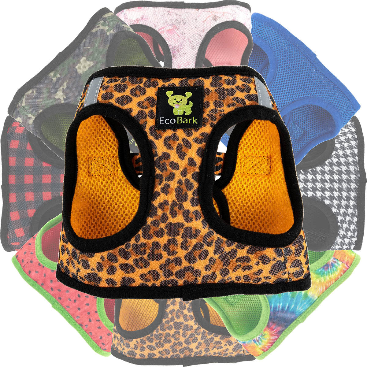 EcoBark Step in leopard mesh harness for tiny dogs, secure fit.