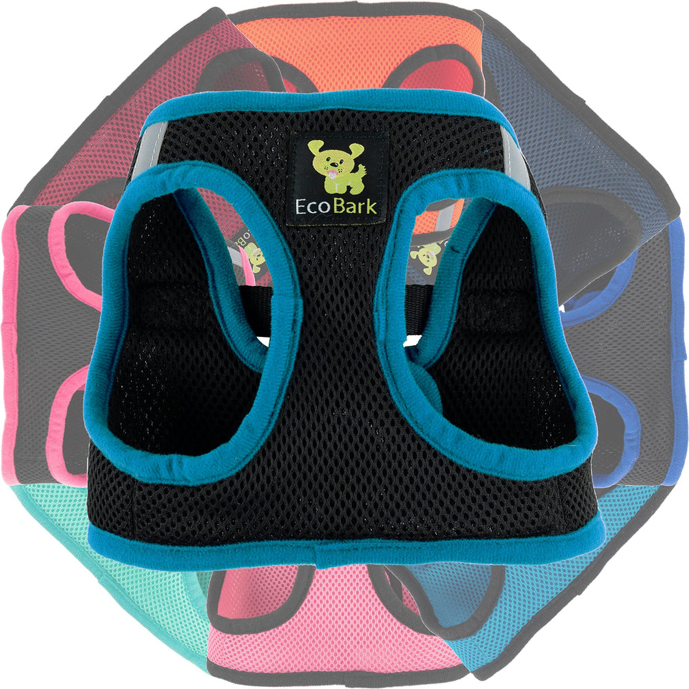 EcoBark Step In Harness on-teacup dog demonstrates easy on/off over-the-head design.
