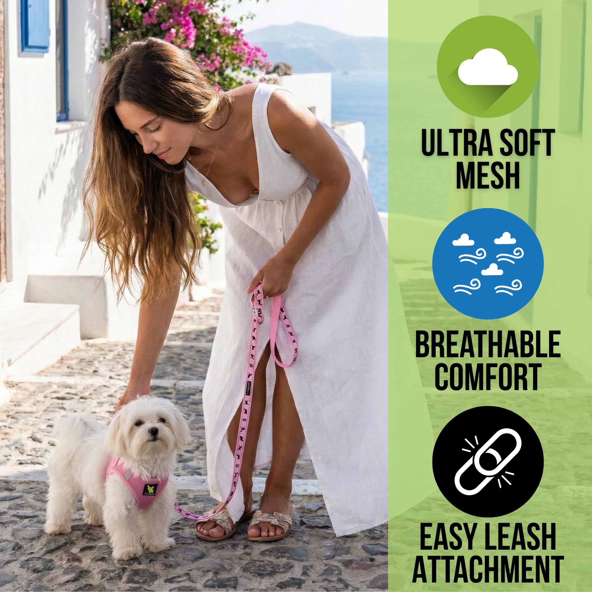 EcoBark Step-In Mesh Harness detail with lightweight fabric and secure strap system