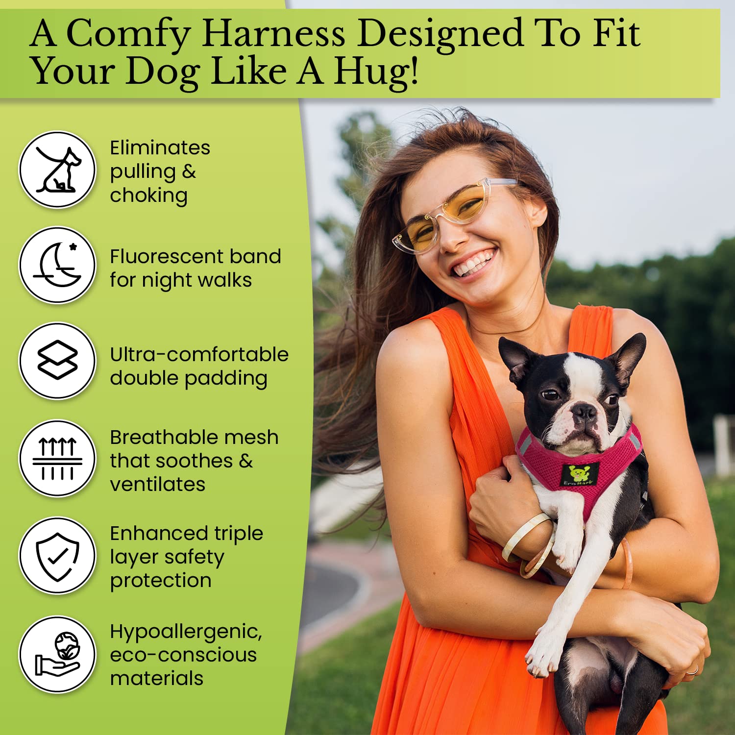 EcoBark Teacup Harness owner hands showing step-in design for easy wearing.