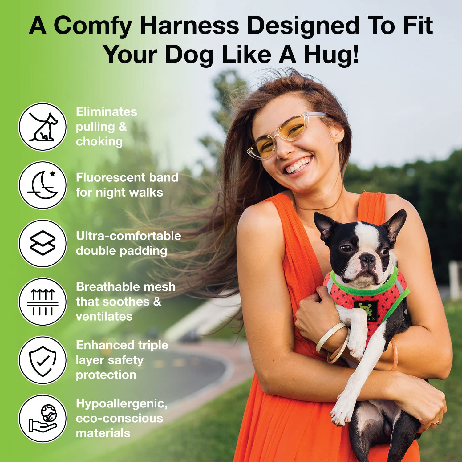 EcoBark watermelon harness with reflective trim enhances visibility during evening walks.