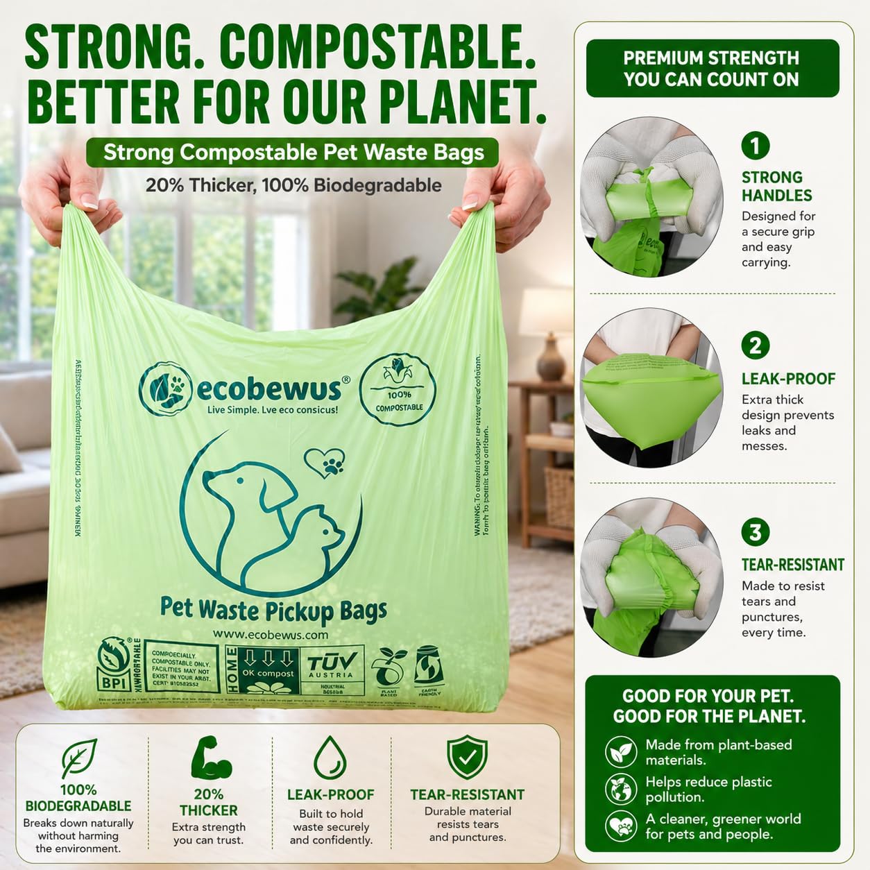 Plastic-free design with 180-day biodegradation timeline highlighted