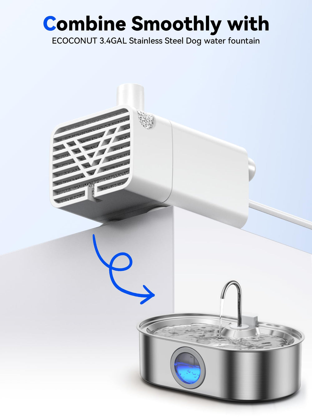 EcoCOCONUT 13L stainless steel fountain shows spacious drinking area for pets