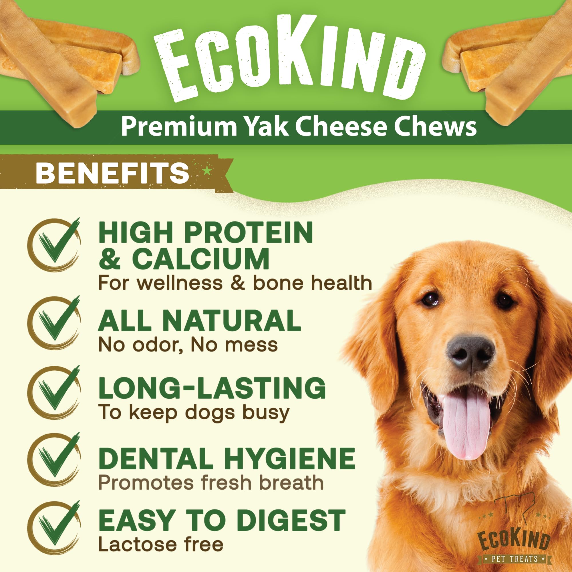 EcoKind Premium Gold Monster Yak Chew close-up highlighting smoky cheese flavor