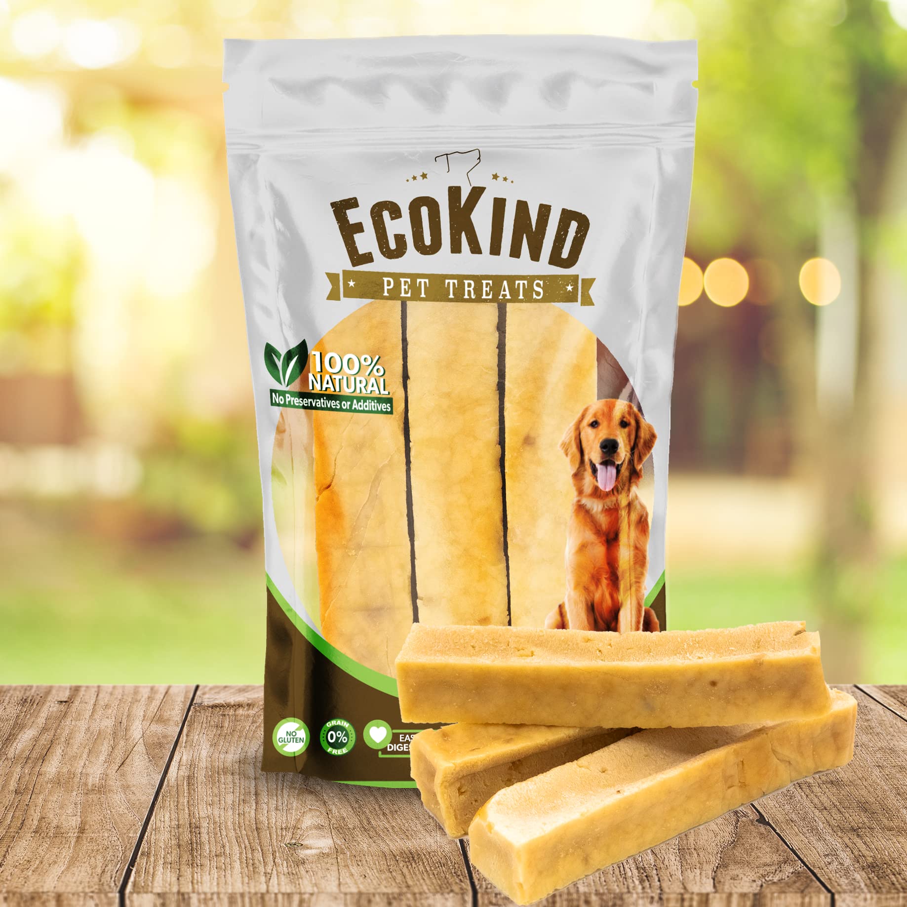 Large breed dog chewing EcoKind Premium Gold Yak Cheese Himalayan chews during play