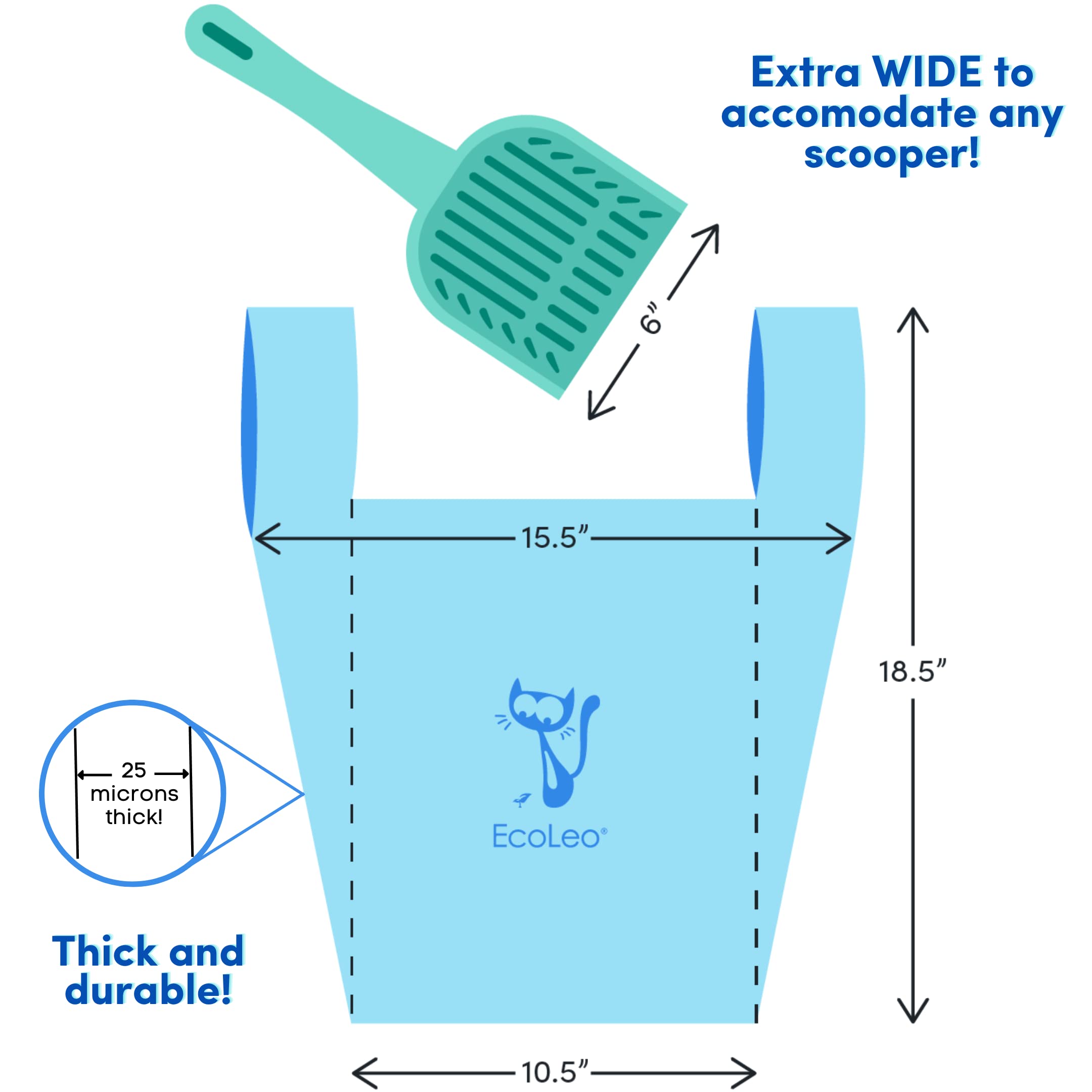 EcoLeo cat litter bags XL with easy-tie handles for secure disposal.