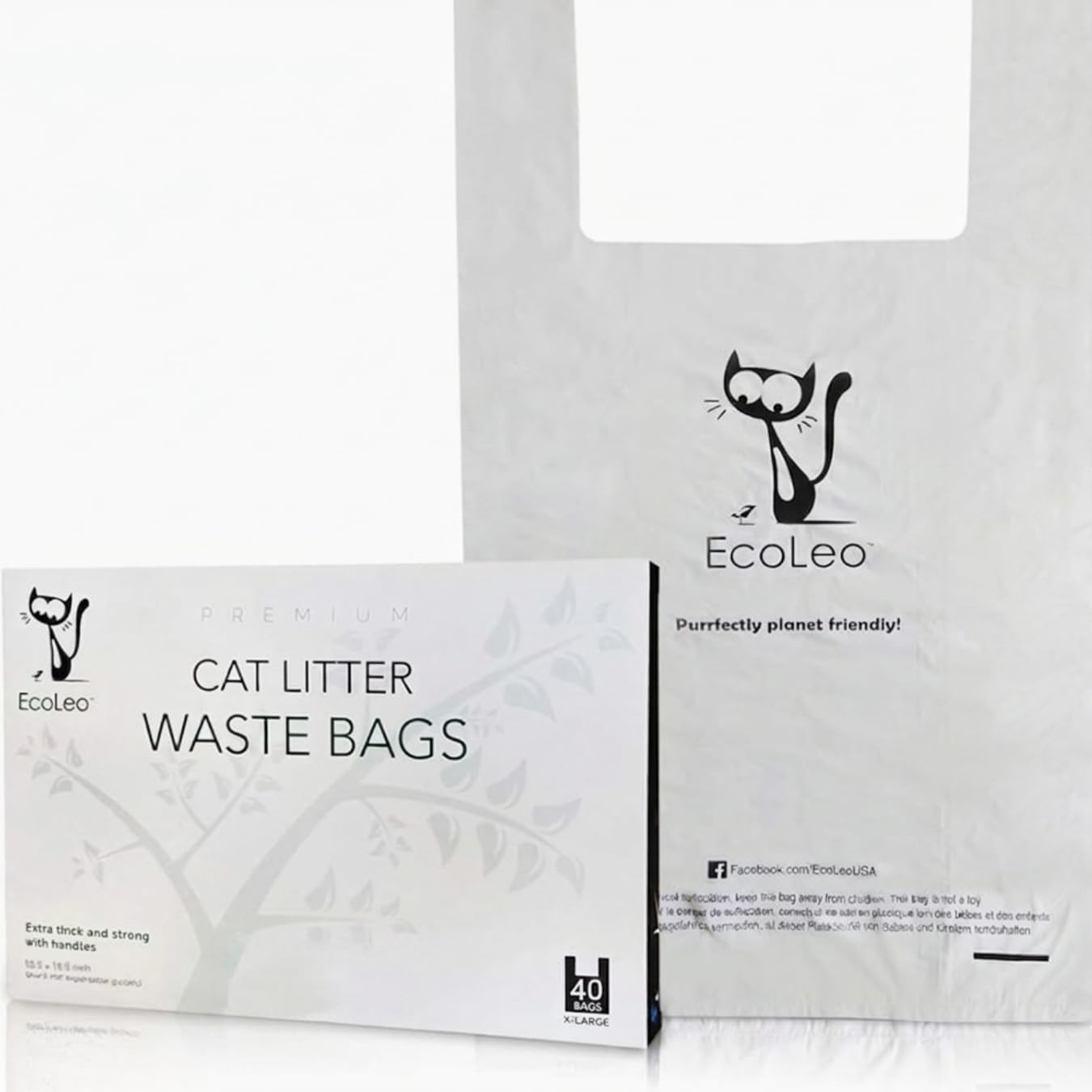 EcoLeo cat litter bags XL packaging shows an eco-friendly, sturdy waste solution.