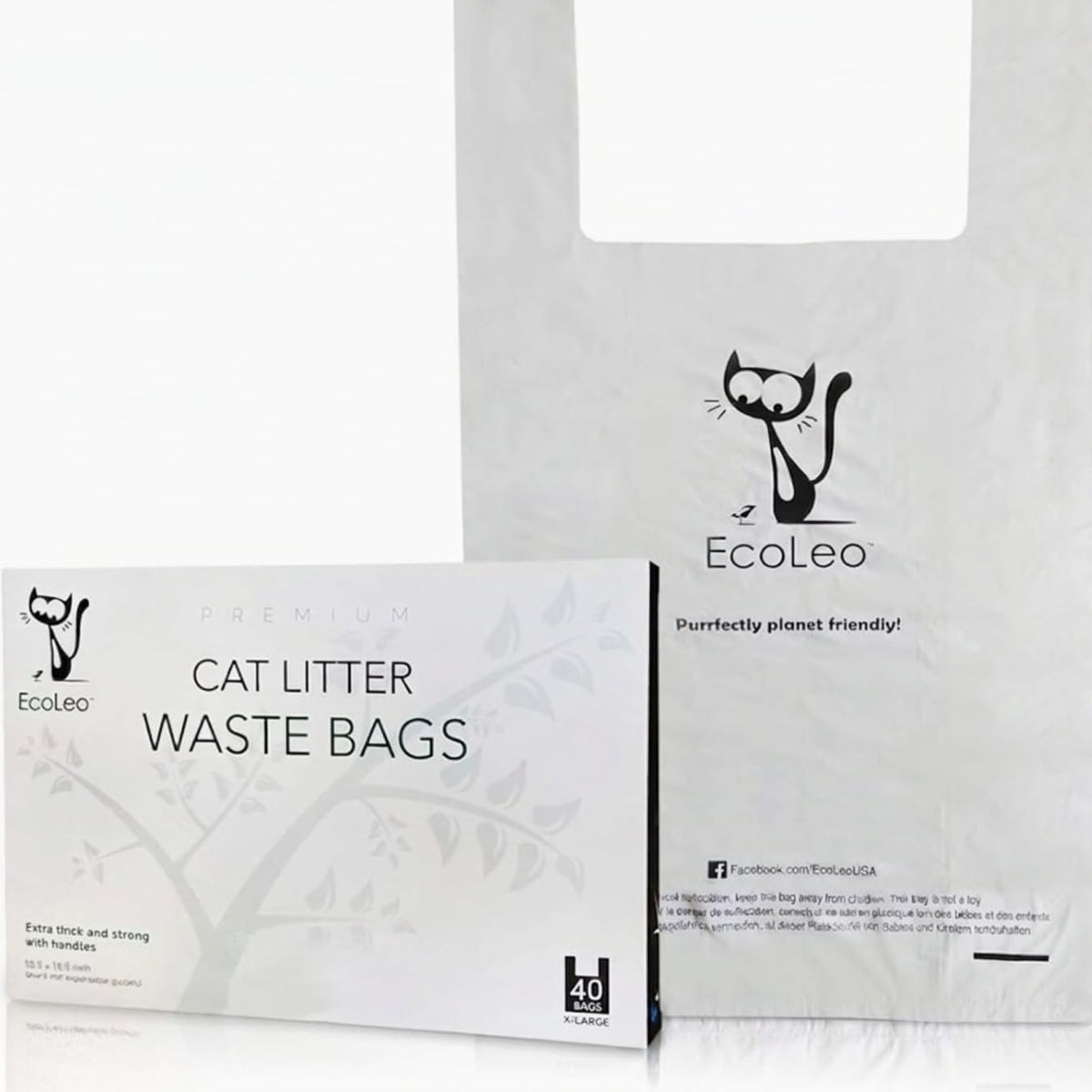 EcoLeo cat litter bags XL packaging shows an eco-friendly, sturdy waste solution.