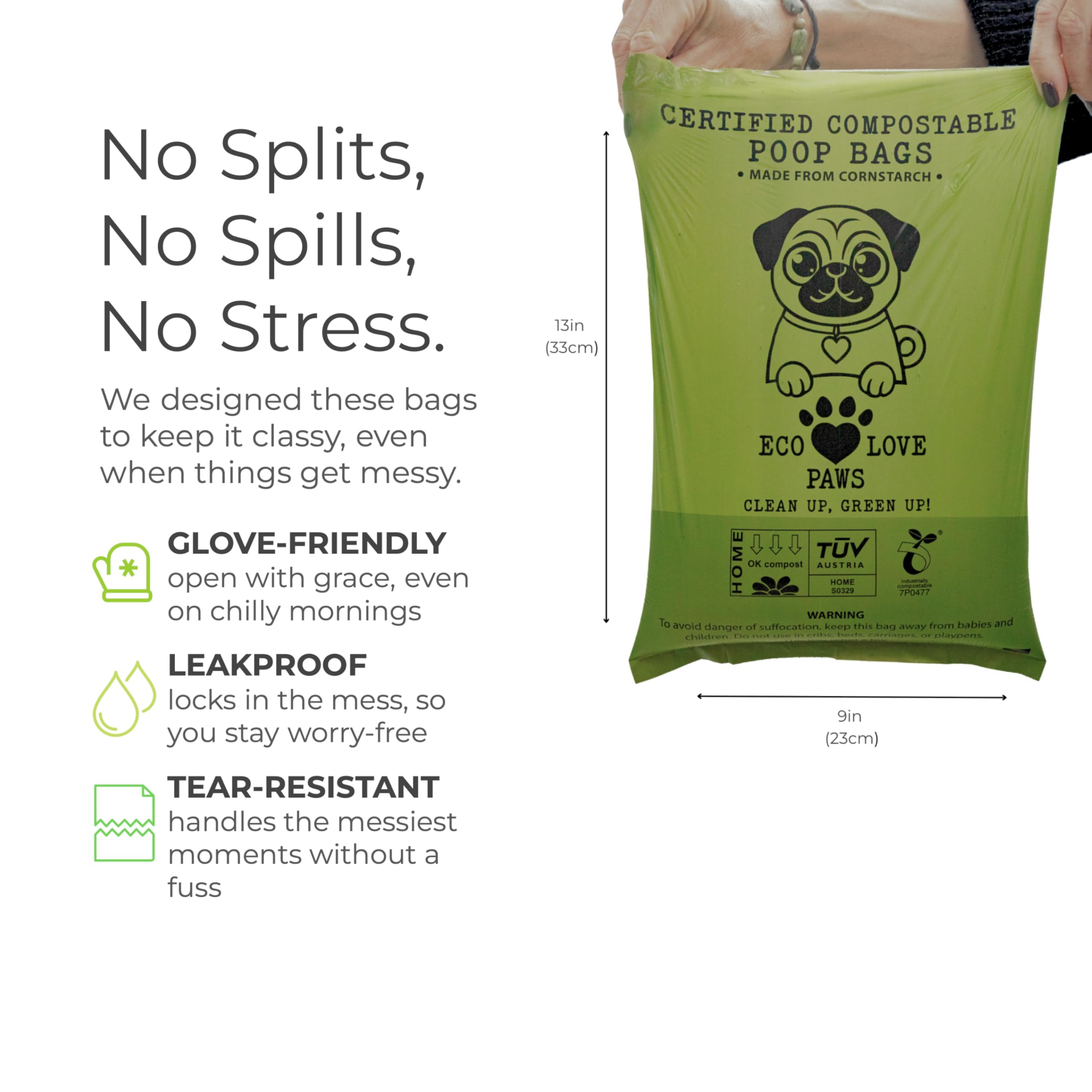 EcoLove Paws bag rolls demonstrate easy-tear design for quick, on-the-go use.