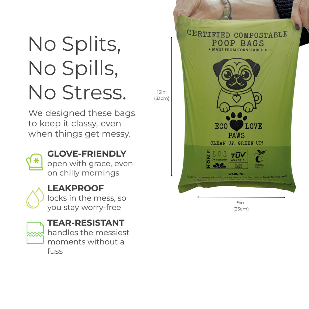 EcoLove Paws bag rolls demonstrate easy-tear design for quick, on-the-go use.