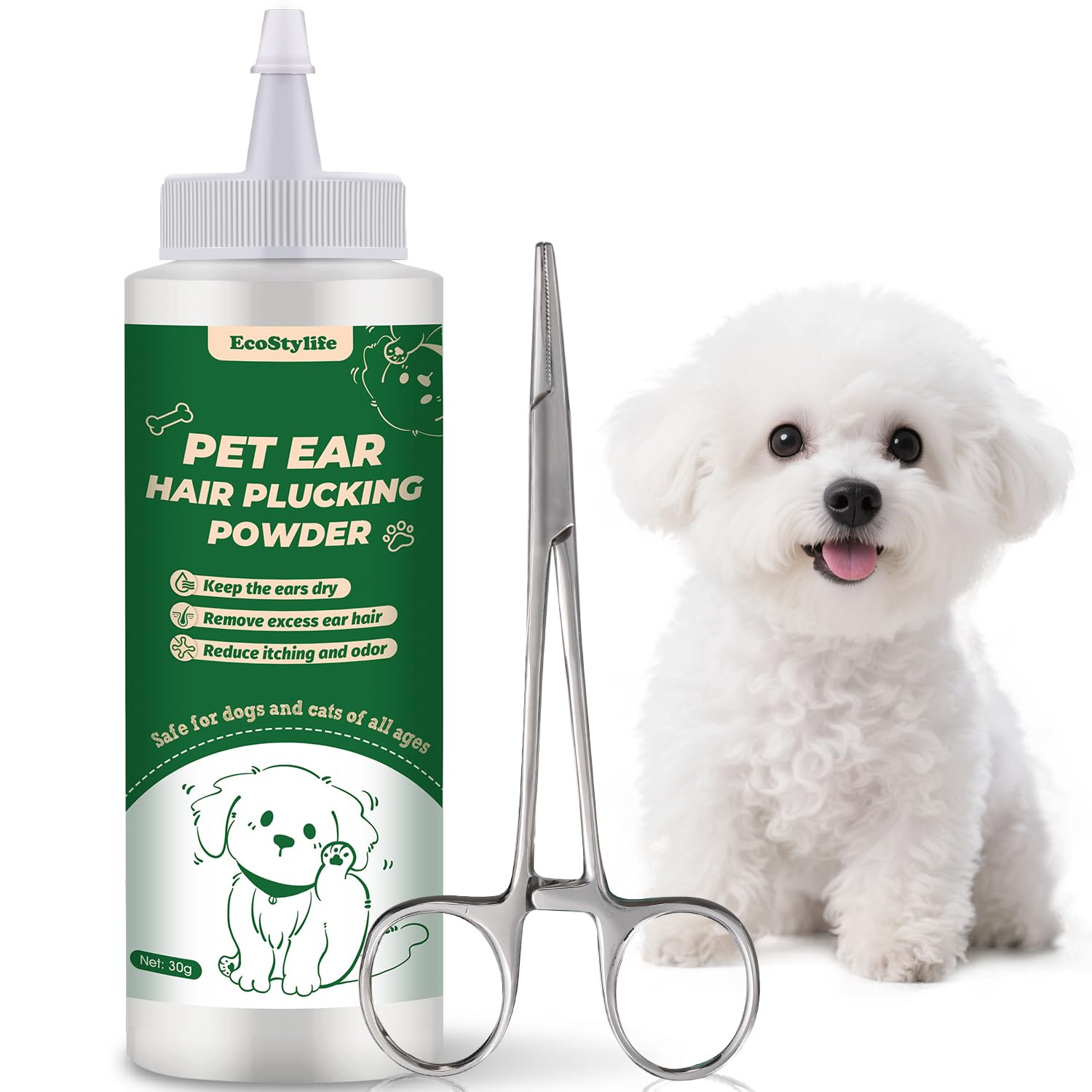 EcoStylife dog ear plucking powder 30g jar enhances grip during grooming.