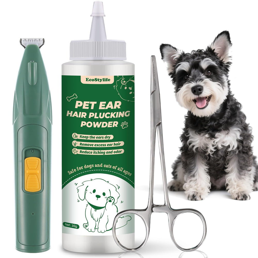 EcoStylife ear powder for dogs improves grip and dryness during ear hair plucking.