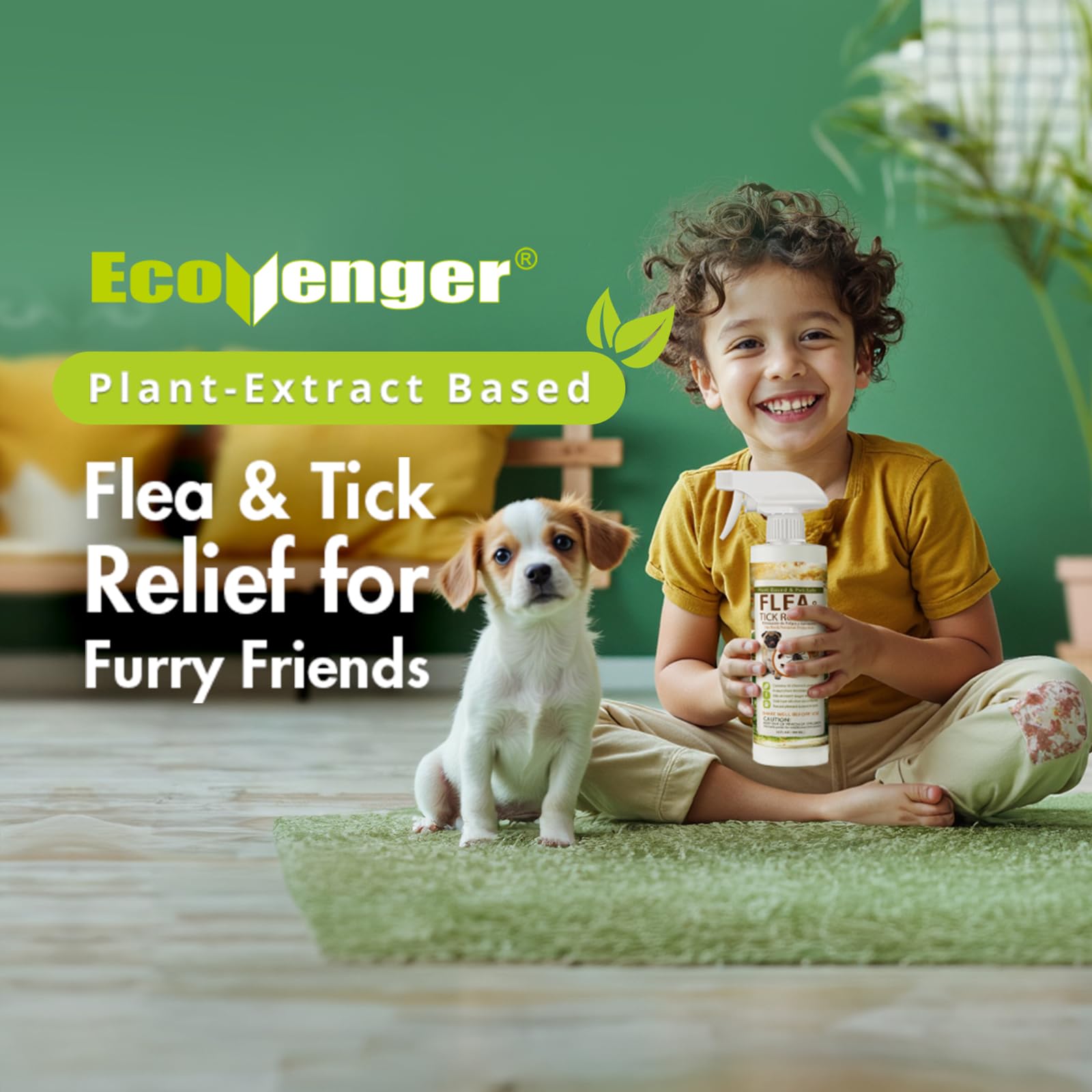 EcoVenger spray applied to a cat's coat for pest protection.