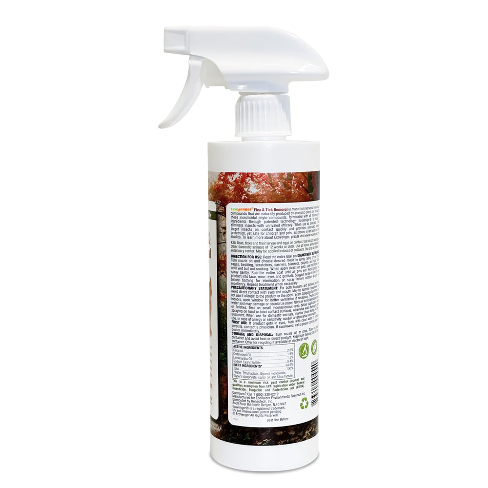 EcoVenger spray applied to a dog's coat for flea and tick relief.