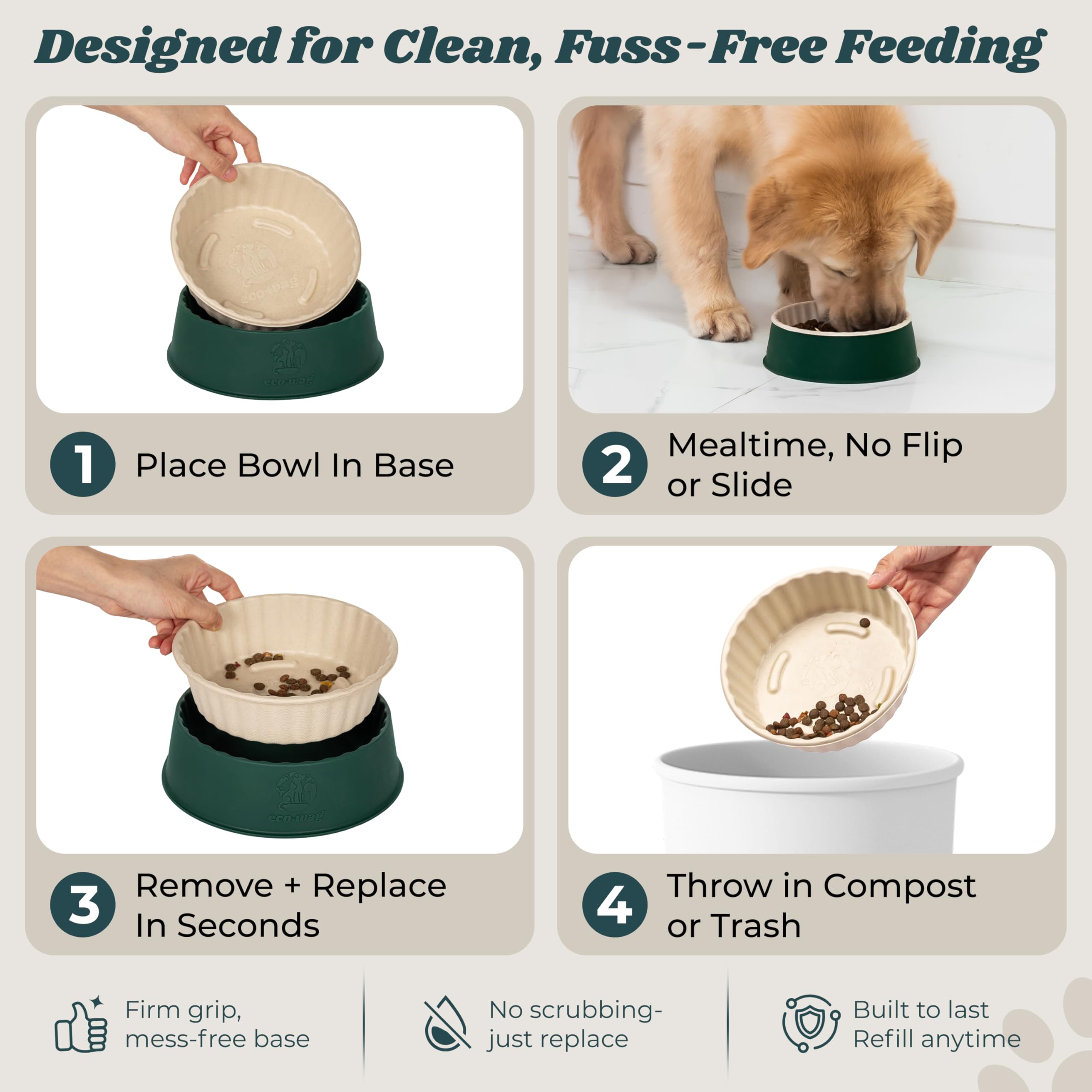 EcoWag compostable sugarcane bowls highlight eco-friendly feeding and waste reduction.