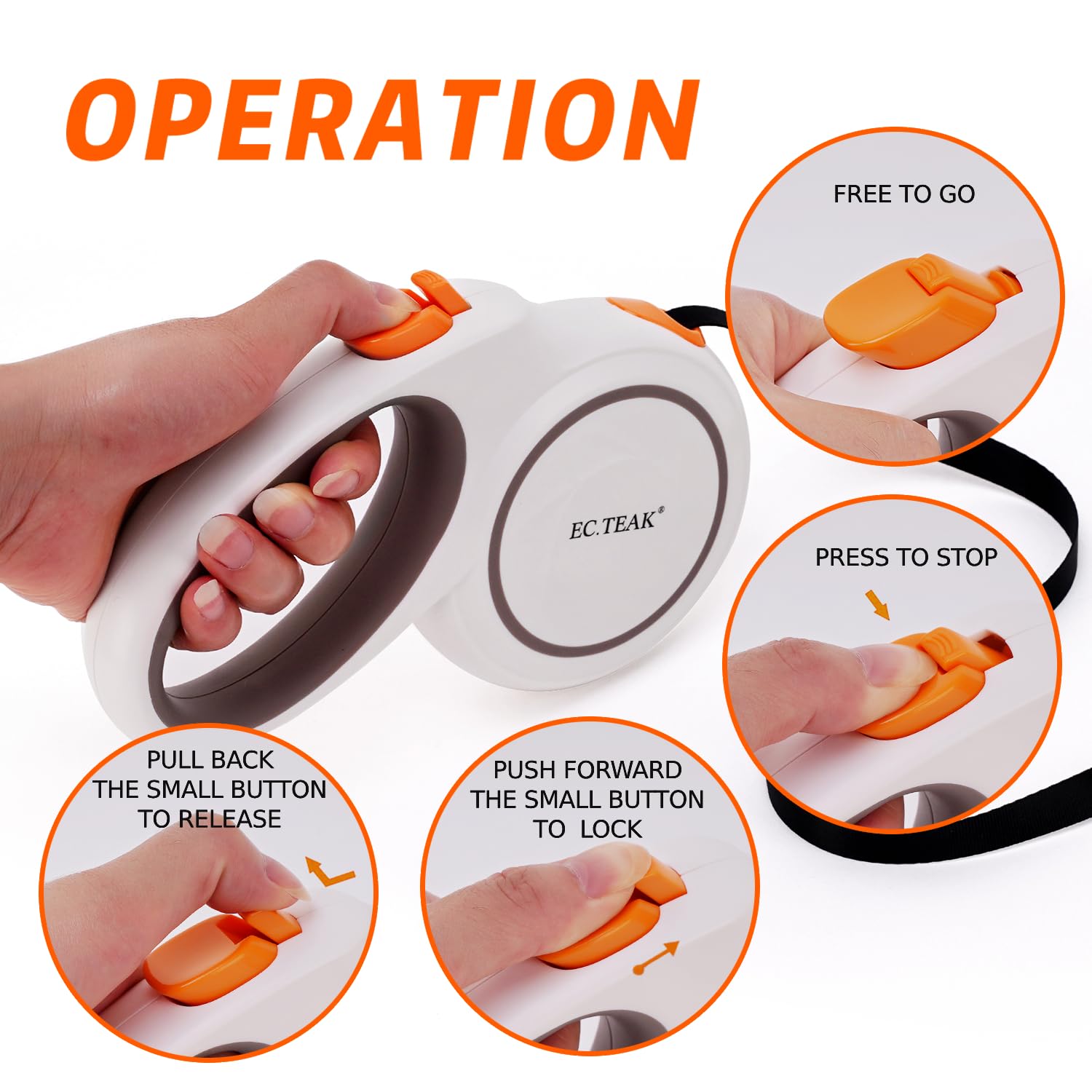 EC.TEAK retractable leash lock button for quick distance adjustments on the go.