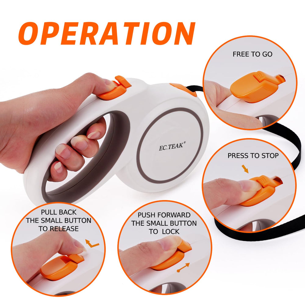 EC.TEAK retractable leash lock button for quick distance adjustments on the go.