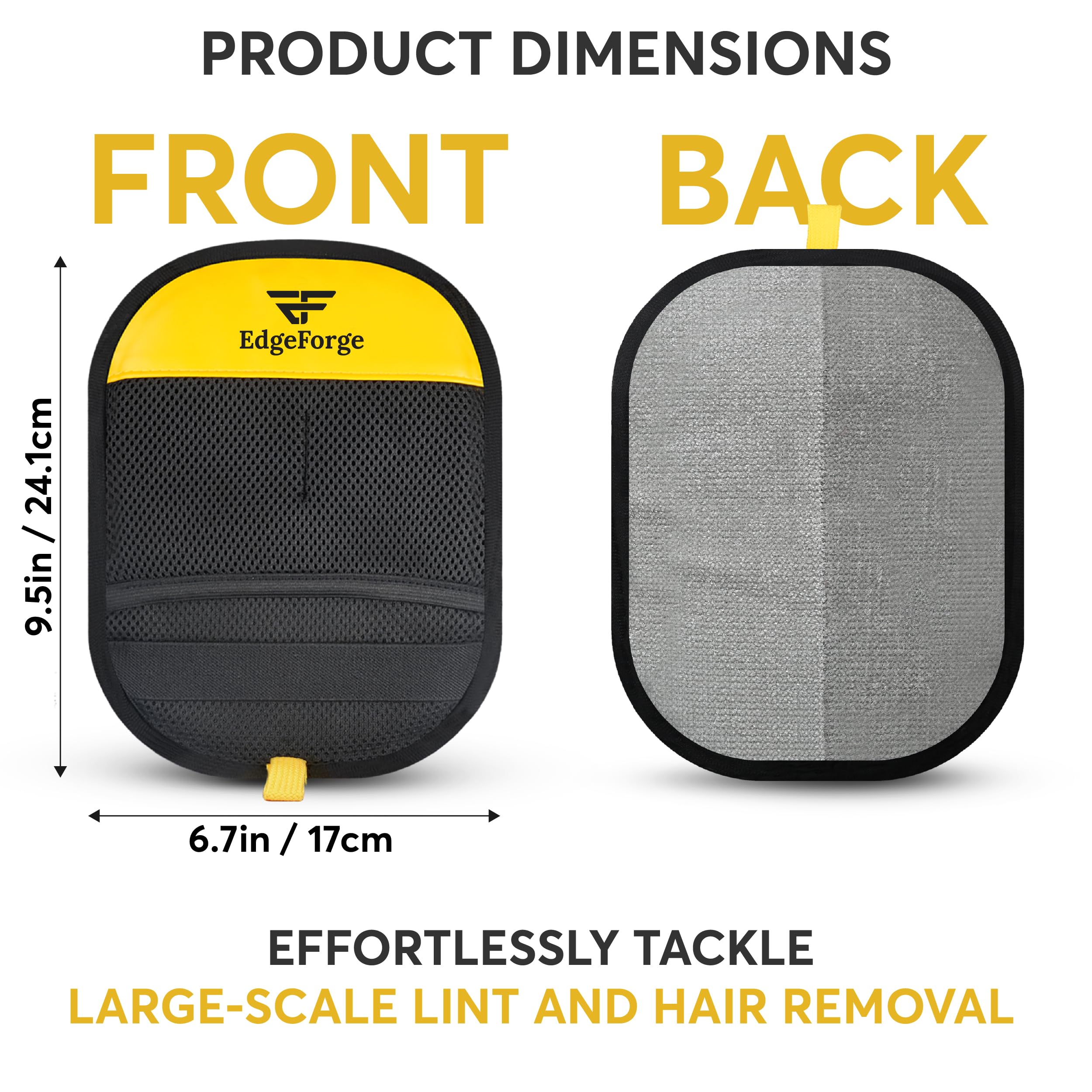 EdgeForge multi-surface pet hair glove showcased on different fabrics.