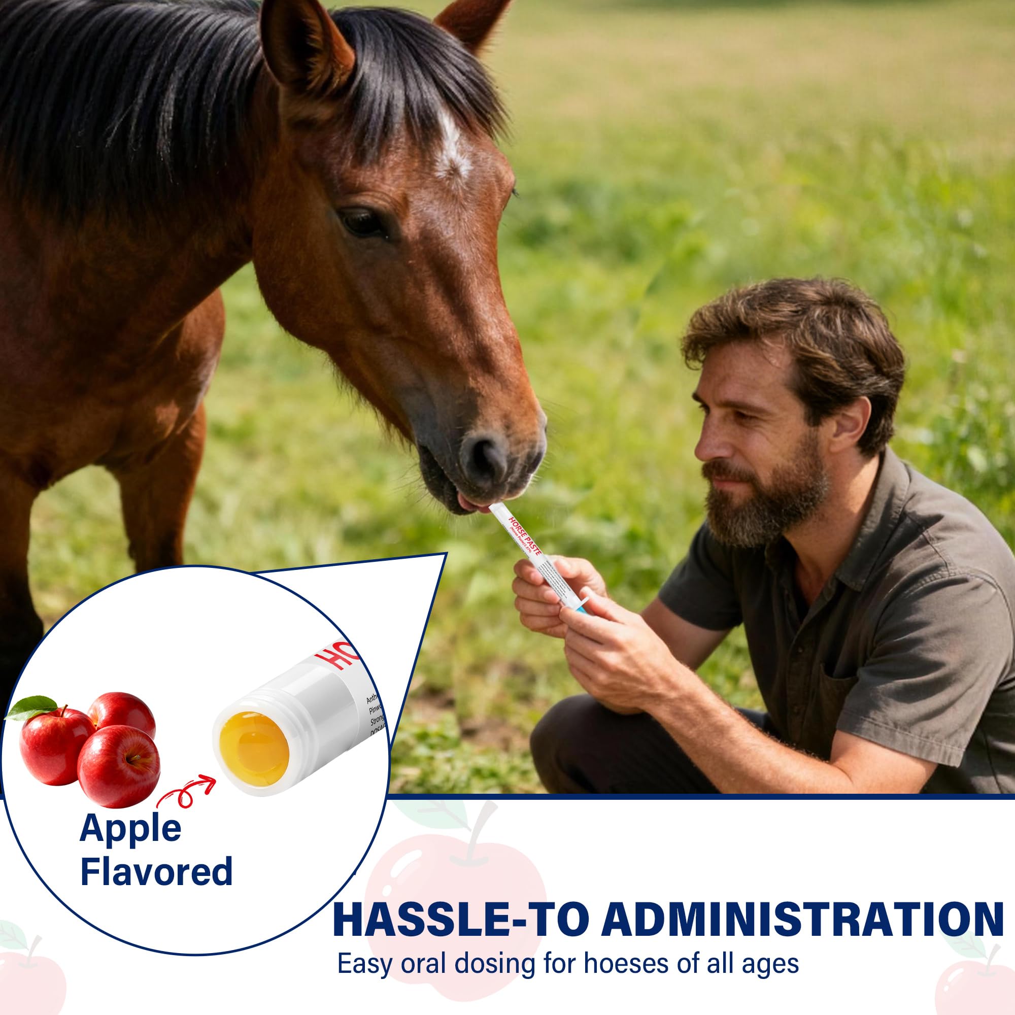 Edoia Apple Flavored Horse Paste label close-up highlighting flavor and dosage information.