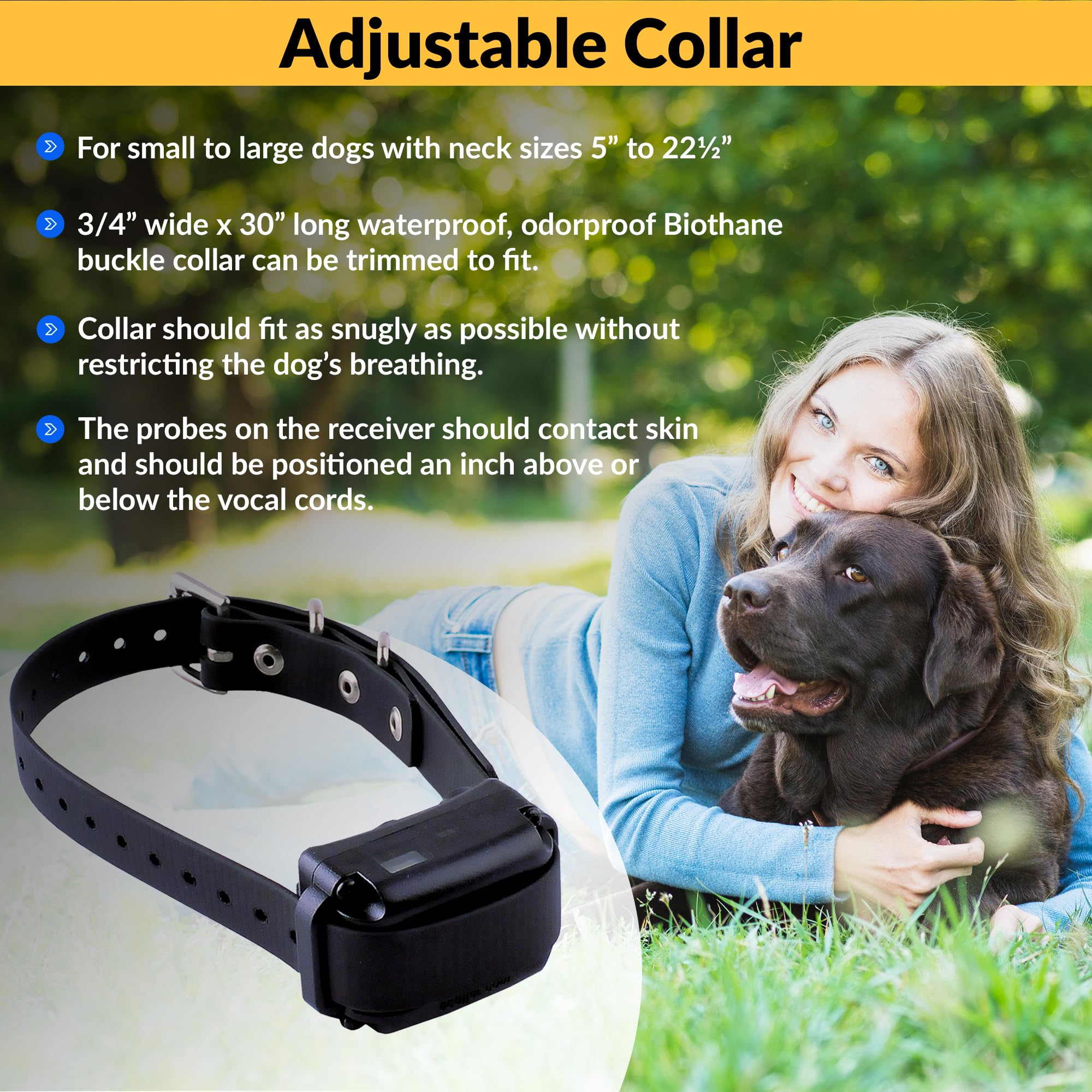 Educator BarkLess Pro closeup shows trim-to-fit Biothane strap.