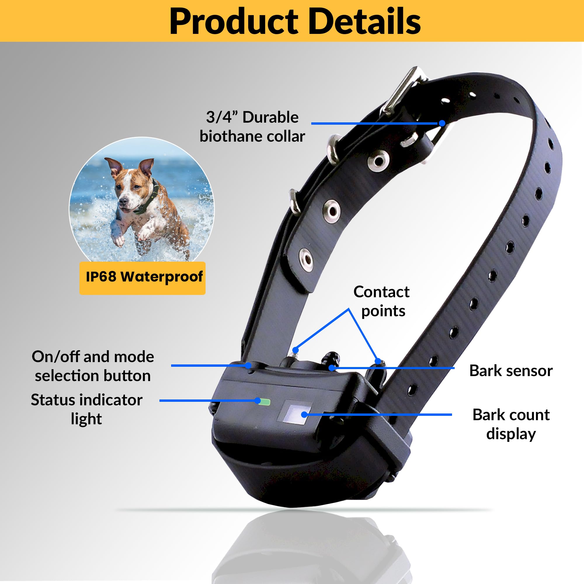 Educator BarkLess Pro waterproof collar closeup ready for outdoor use.