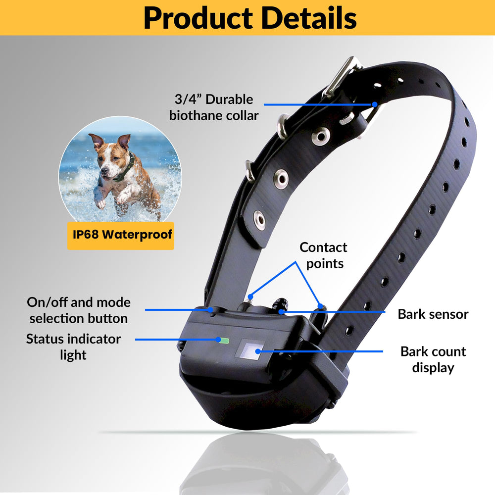 Educator BarkLess Pro waterproof collar closeup ready for outdoor use.