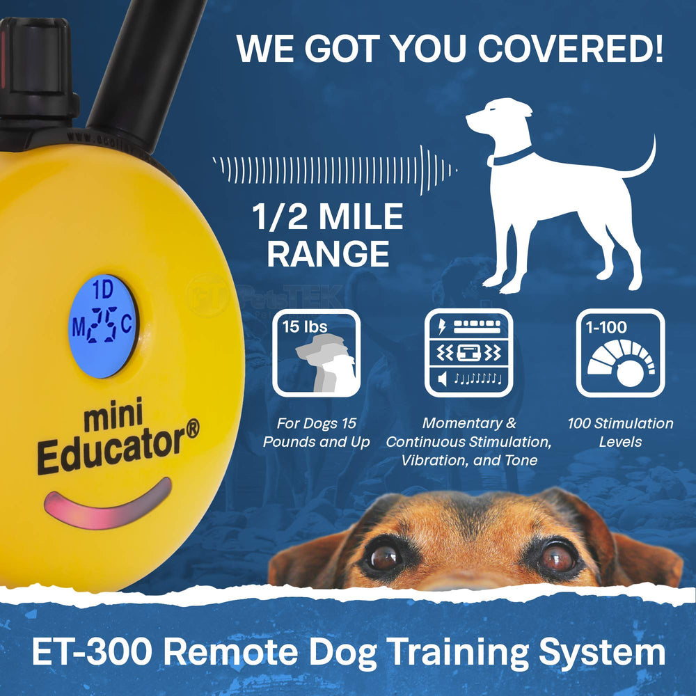 Educator ET-300 Mini E Collar blunt stimulation dial for gentle corrections.