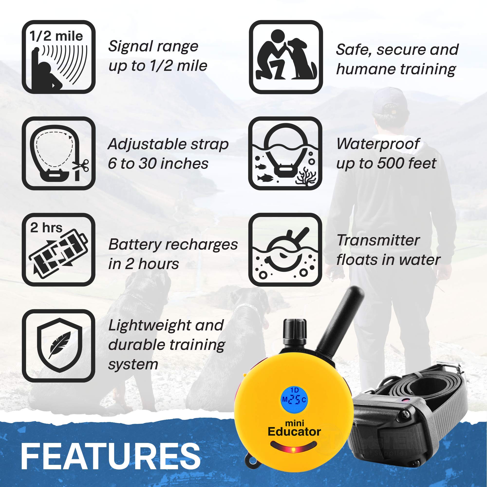 Educator ET-300 Mini E Collar waterproof collar for all-weather use.