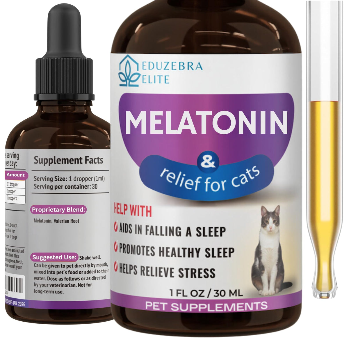 EDUZEBRA Cat Melatonin bottle promotes a calm daily routine for cats