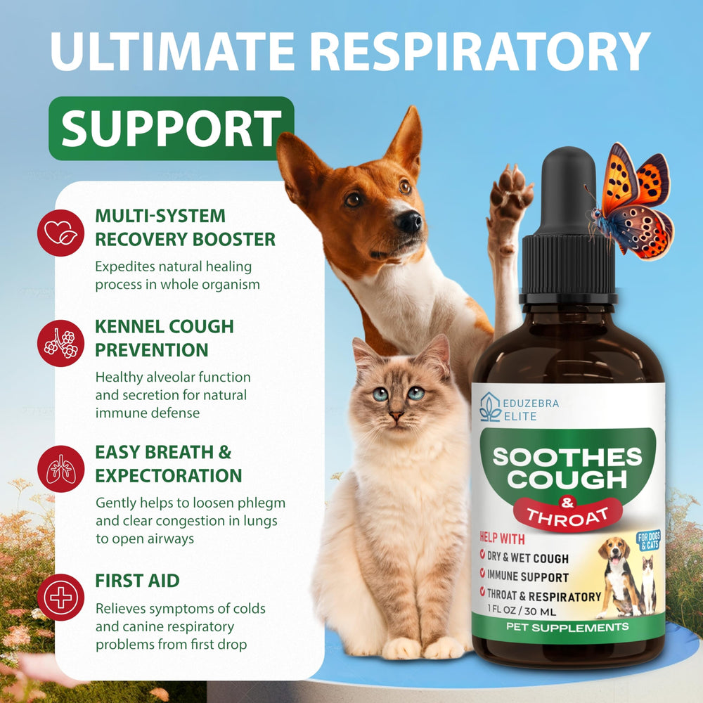 EduZebra label close-up showing multi-symptom relief for dogs and cats.