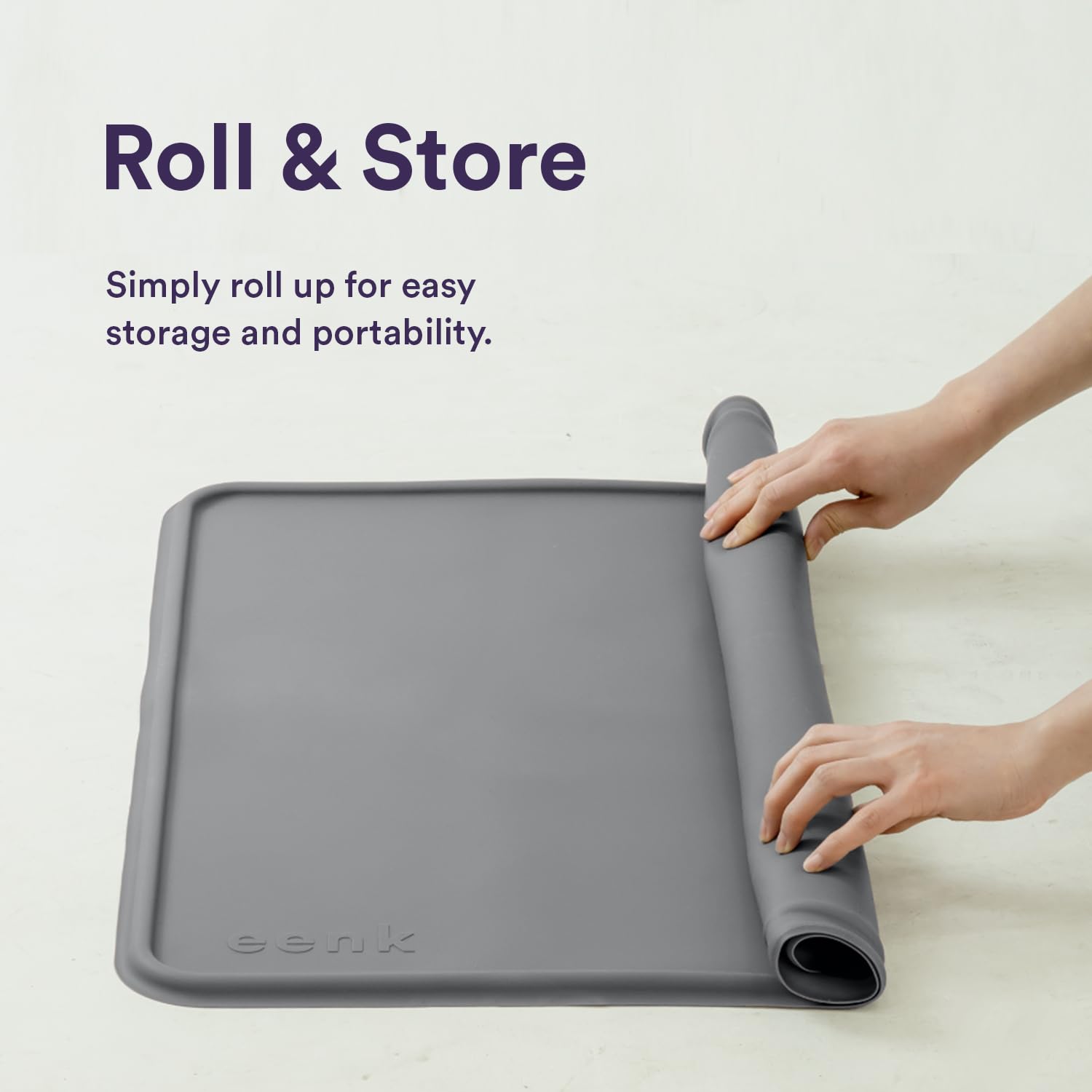 Grey silicone mat blends with pet spaces.