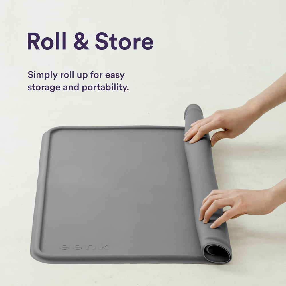 Grey silicone mat blends with pet spaces.