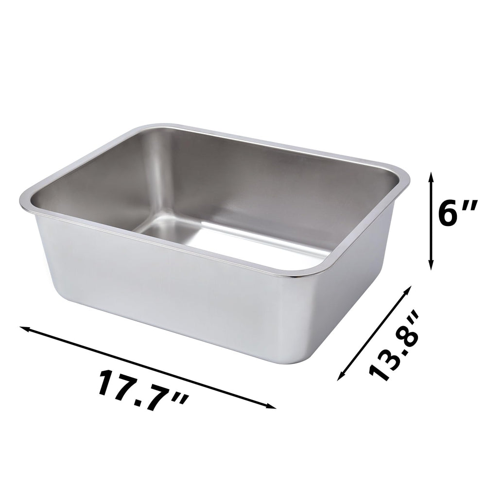 EGMEHOAD stainless steel litter box 6-inch high sides for improved containment.