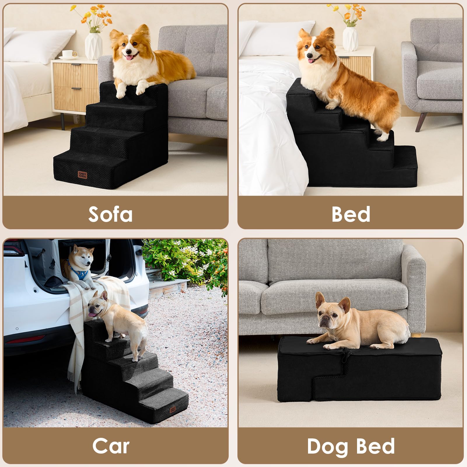 EHEYCIGA 3-step dog stairs in use by a small dog to reach furniture.