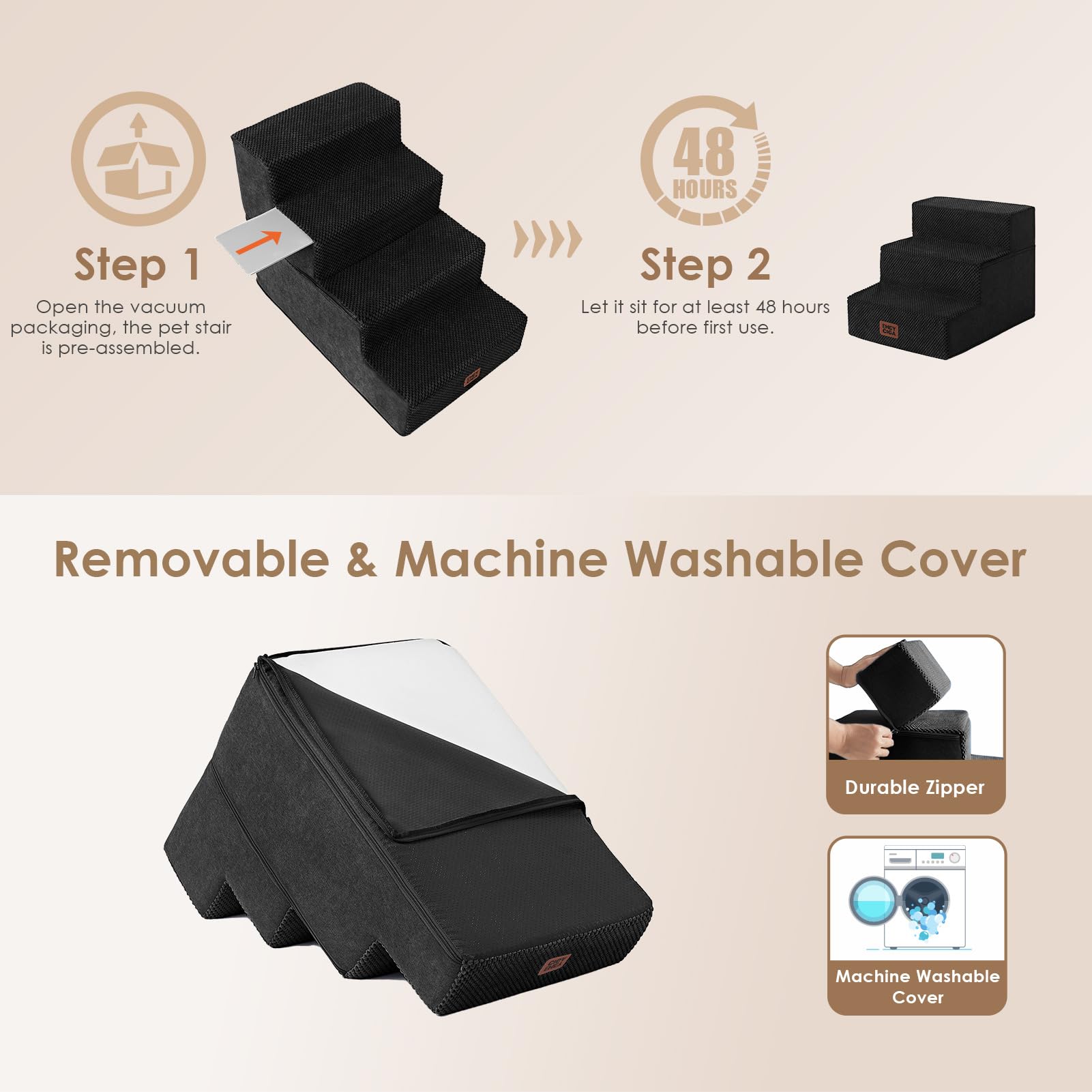 EHEYCIGA 3-step dog stairs with removable washable cover.