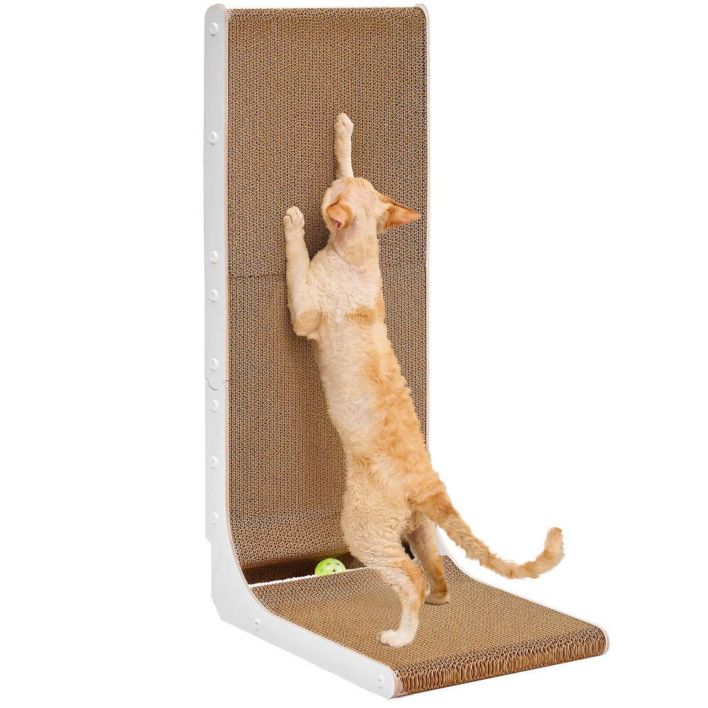 EHEYCIGA 32-inch L-shaped cardboard cat scratcher against wall protects furniture and offers multiple scratch angles.