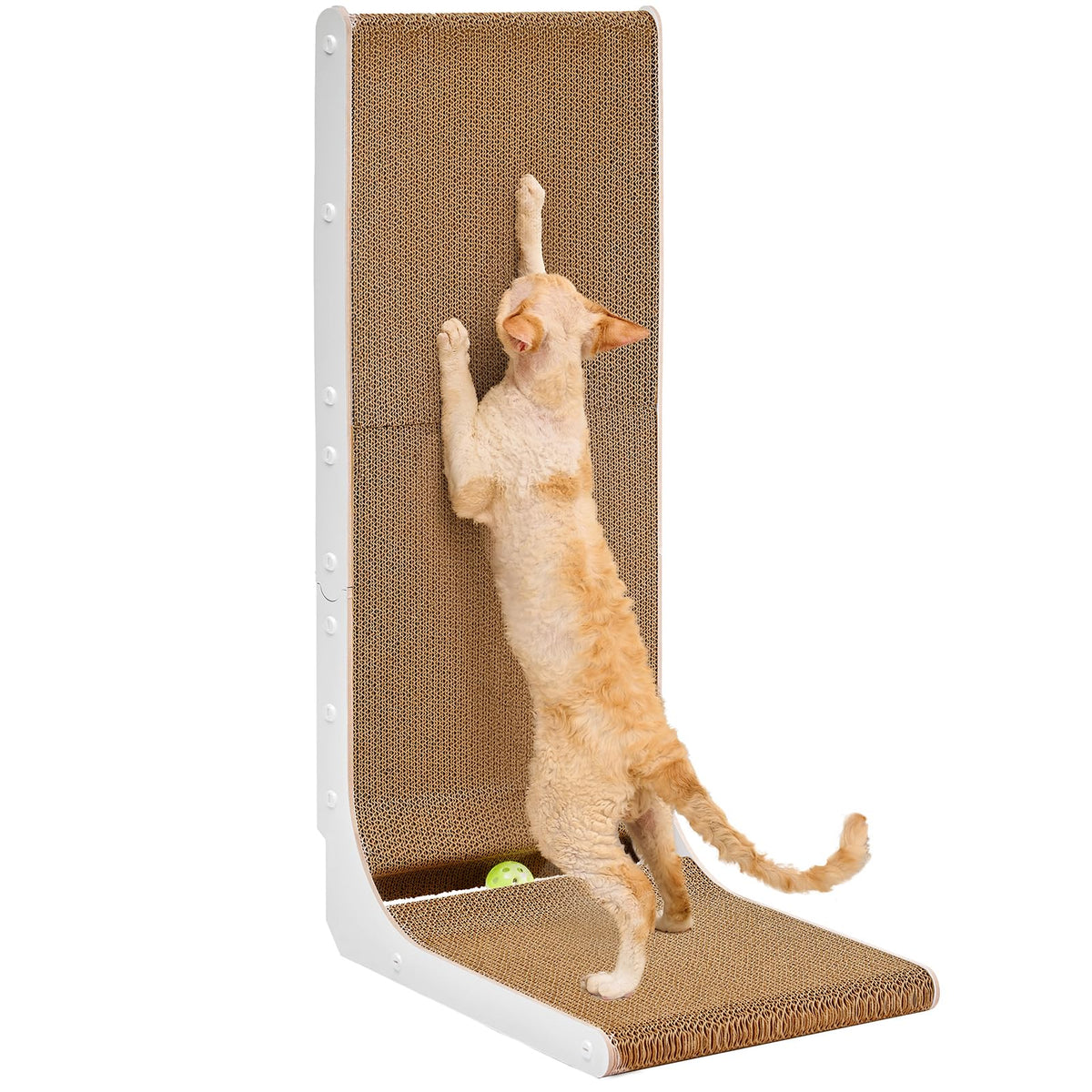 EHEYCIGA 32-inch L-shaped cardboard cat scratcher against wall protects furniture and offers multiple scratch angles.