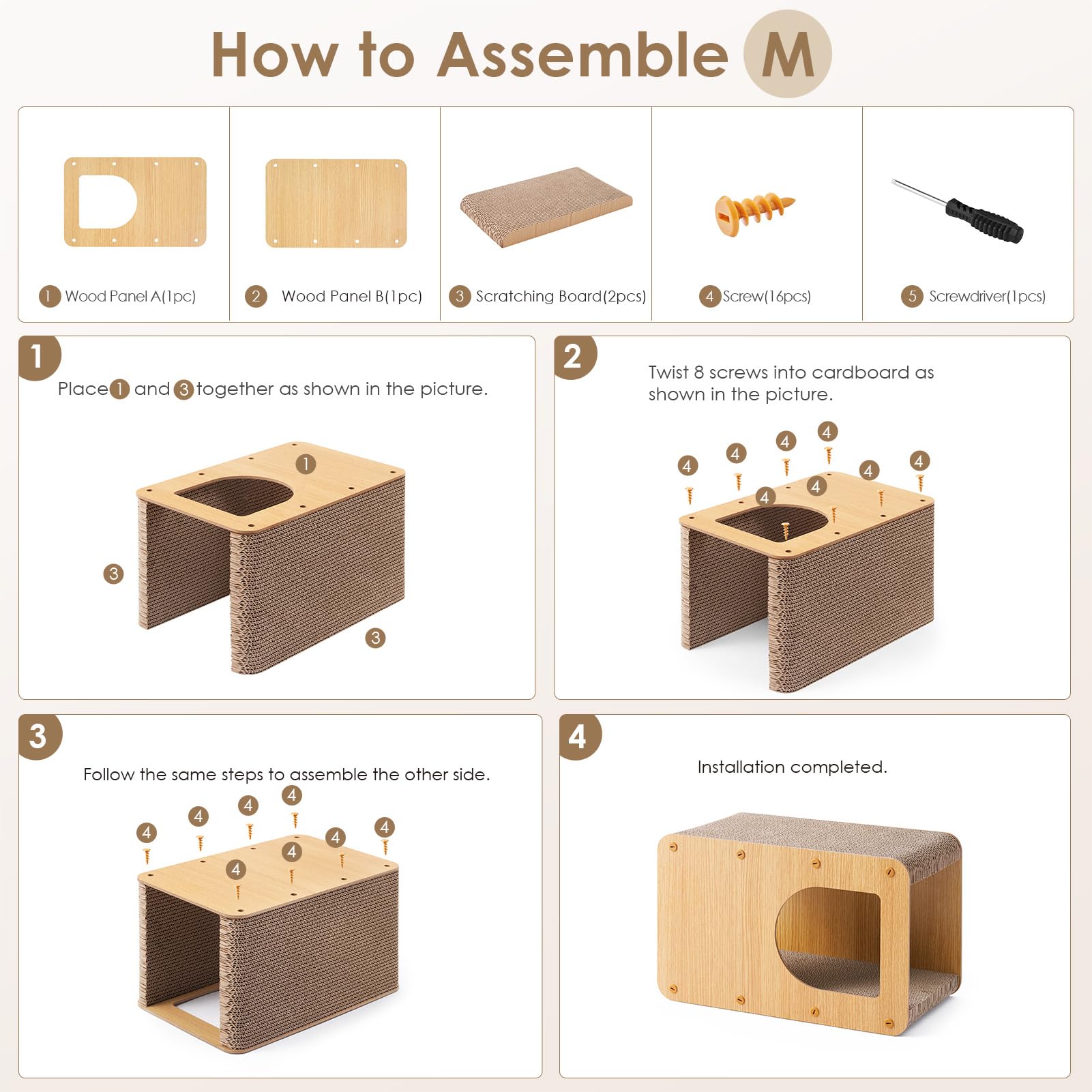 EHEYCIGA cardboard cat scratcher assembly image shows easy setup with included tools.