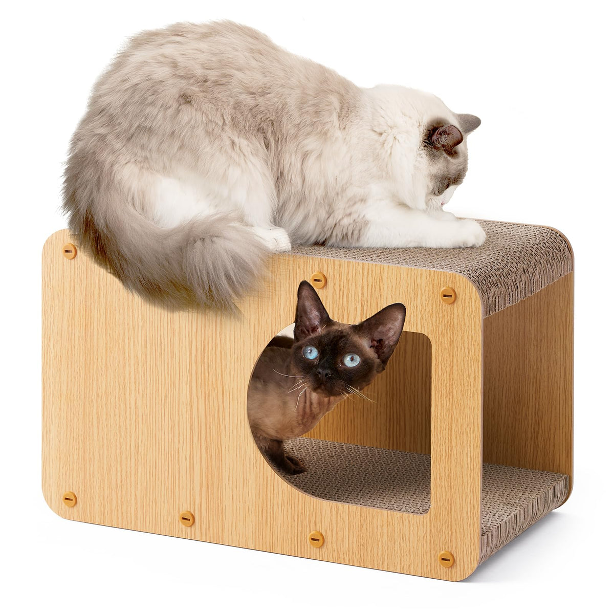 EHEYCIGA cardboard cat scratcher house front view shows durable corrugated panels for indoor use.