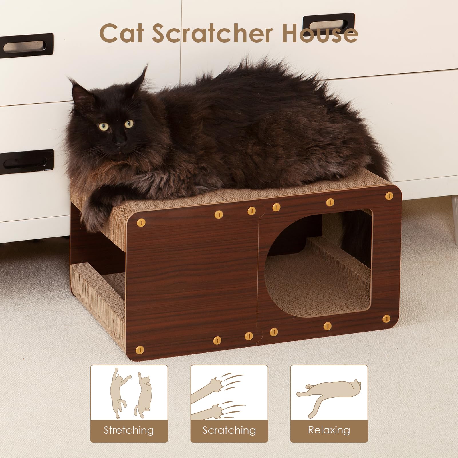 EHEYCIGA cardboard cat scratcher house room setup illustrates easy integration