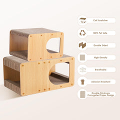 EHEYCIGA cardboard cat scratcher house side view shows multi-surface scratch and play surfaces.