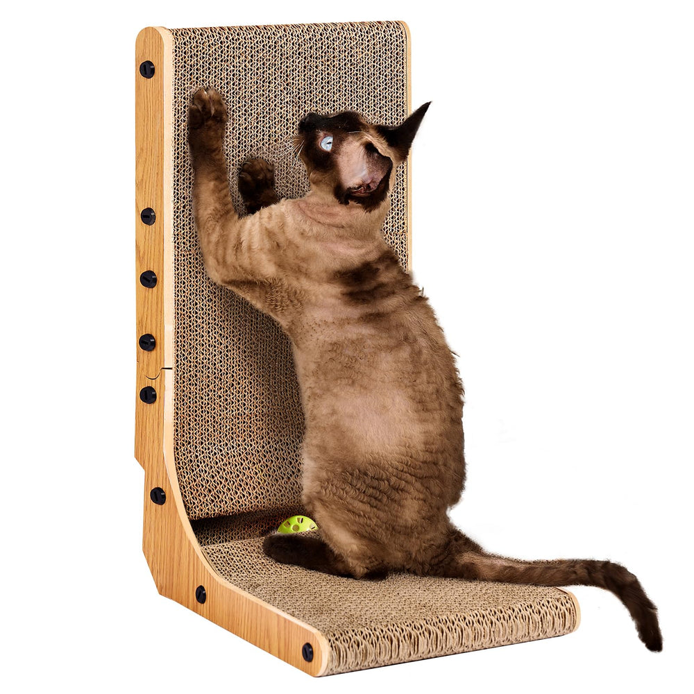 EHEYCIGA L-shaped cardboard scratcher, 19-inch, brown, against a wall to protect furniture.